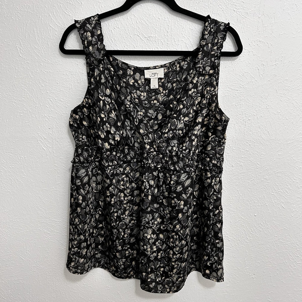 Ann Taylor LOFT Babydoll Top Sz 14 Gray Floral Sleeveless Smocked Waist V Neck